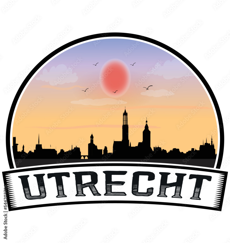 Utrecht Netherlands Skyline Sunset Travel Souvenir Sticker Logo Badge Stamp Emblem Coat of Arms Vector Illustration EPS