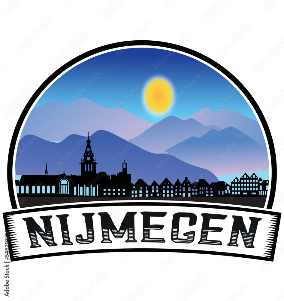 Nijmegen Netherlands Skyline Sunset Travel Souvenir Sticker Logo Badge Stamp Emblem Coat of Arms Vector Illustration EPS