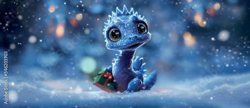cute baby dragon in a winter forest on a winter day. christmas dragon.