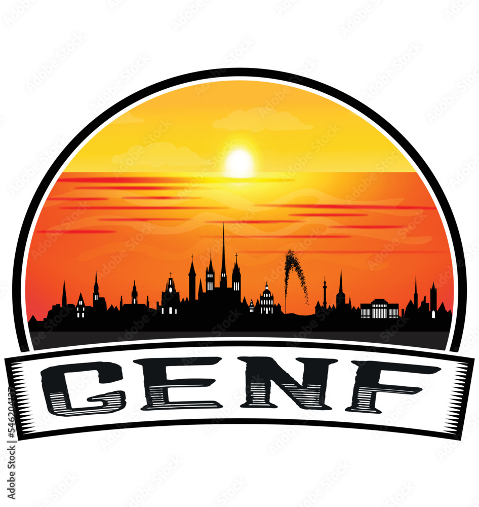 Genf Switzerland Skyline Sunset Travel Souvenir Sticker Logo Badge Stamp Emblem Coat of Arms Vector Illustration EPS