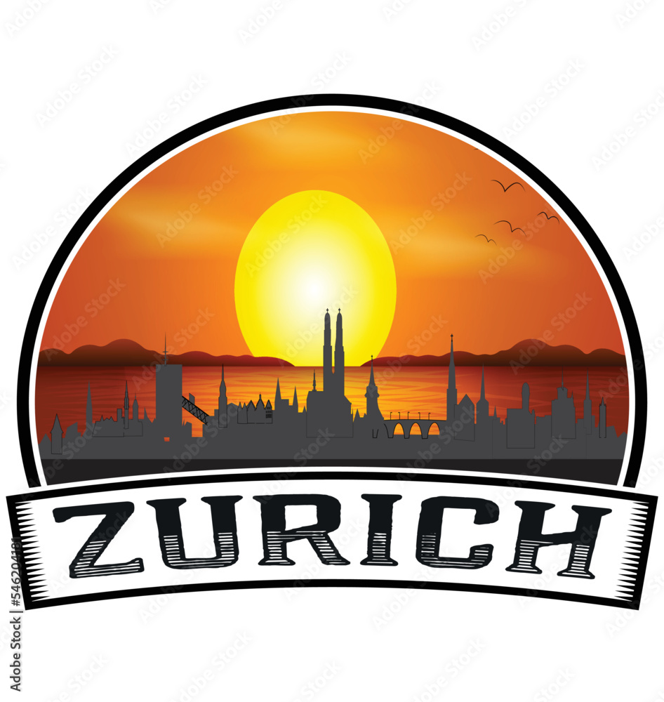 Zurich Switzerland Skyline Sunset Travel Souvenir Sticker Logo Badge Stamp Emblem Coat of Arms Vector Illustration EPS