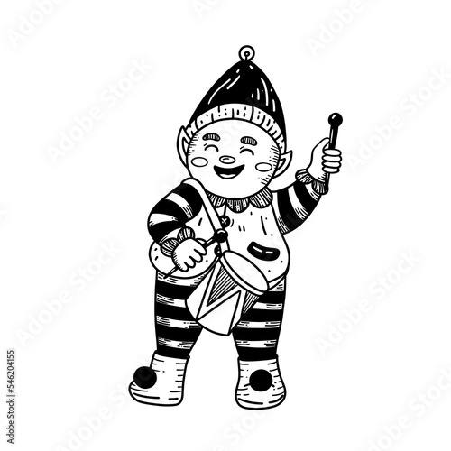 Christmas elf boy in retro style play in drum. Cartoon character wear vintage clothe. He is funny and cute