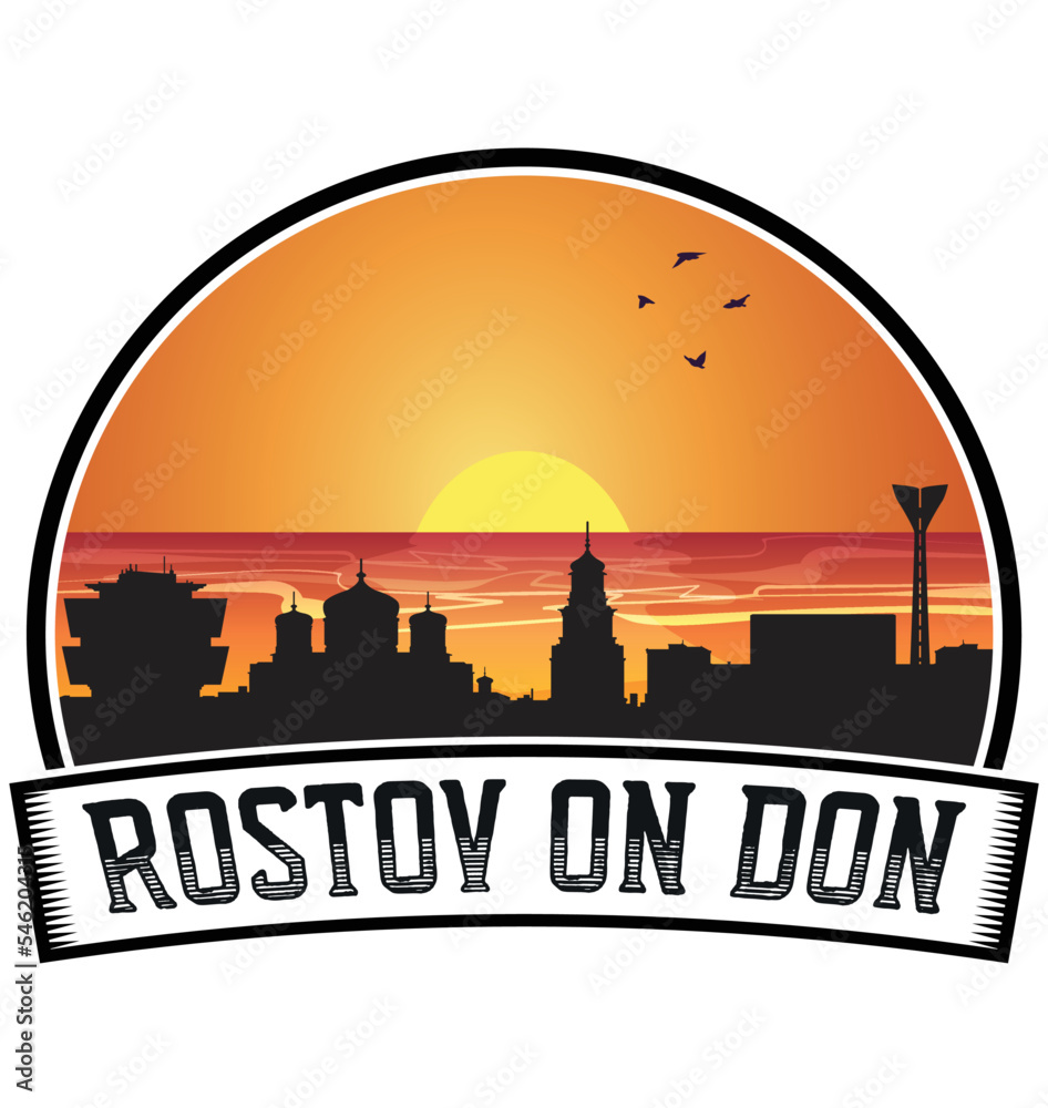 Rostov On Don Russia Skyline Sunset Travel Souvenir Sticker Logo Badge Stamp Emblem Coat of Arms Vector Illustration EPS