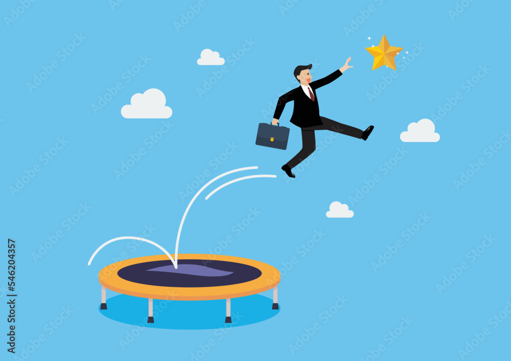 Businessman bounce on trampoline jump flying high to grab star