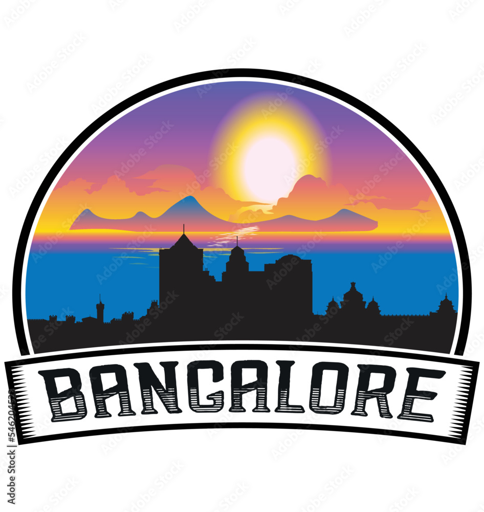 Bangalore India Skyline Sunset Travel Souvenir Sticker Logo Badge Stamp Emblem Coat of Arms Vector Illustration EPS