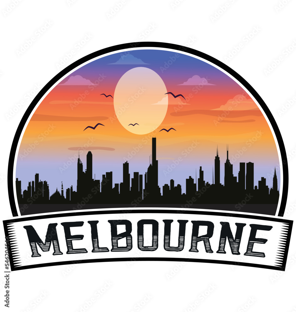 Melbourne Australia Skyline Sunset Travel Souvenir Sticker Logo Badge Stamp Emblem Coat of Arms Vector Illustration EPS