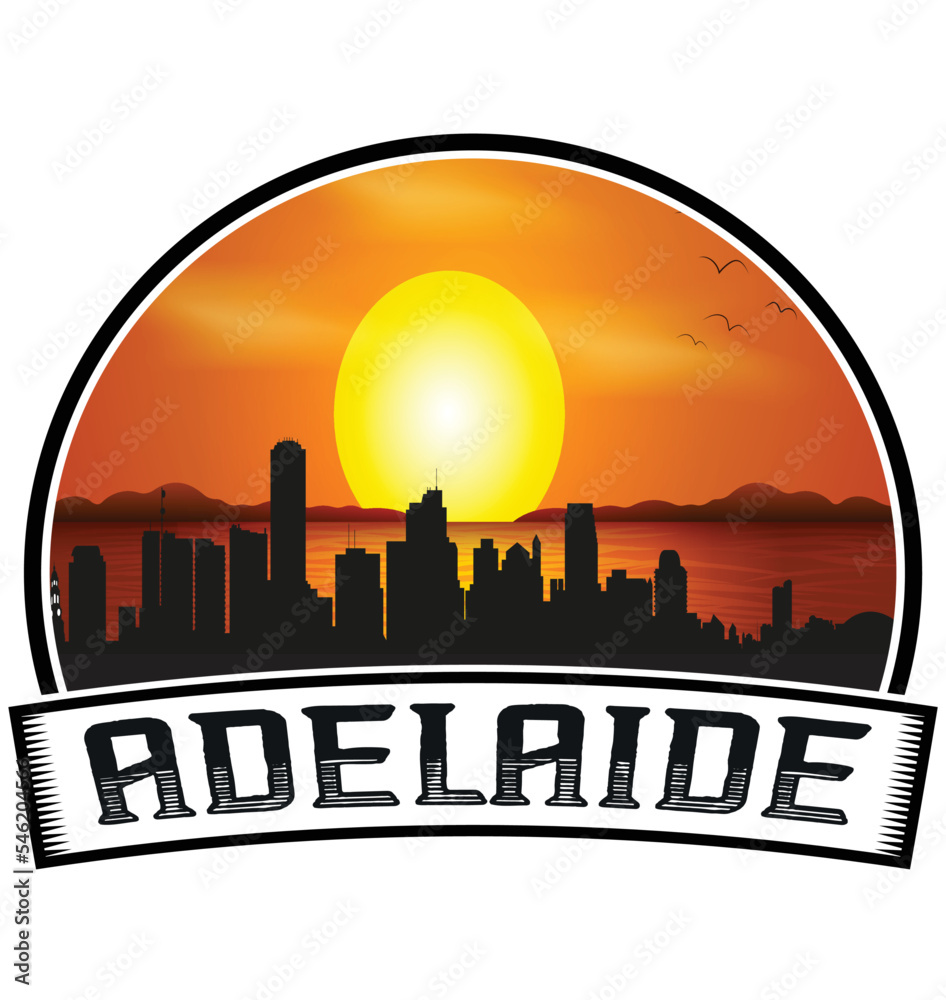 Adelaide Australia Skyline Sunset Travel Souvenir Sticker Logo Badge Stamp Emblem Coat of Arms Vector Illustration EPS