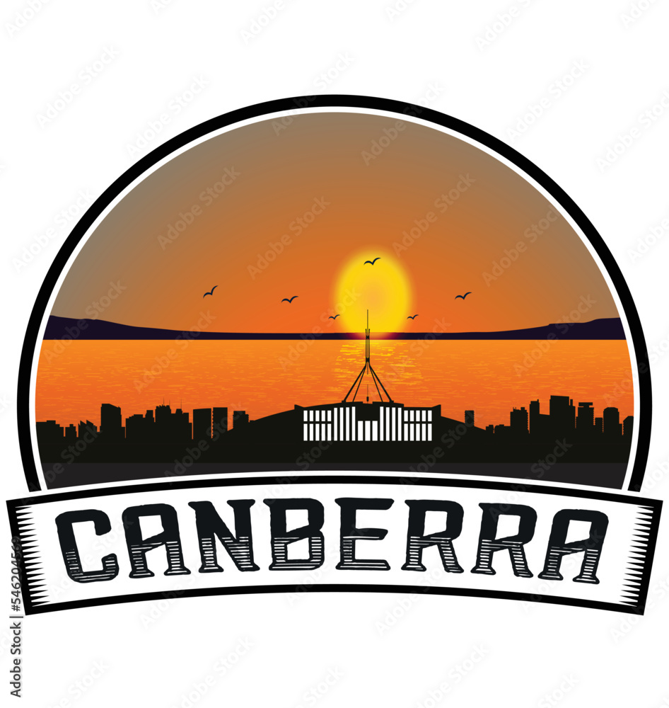 Canberra Australia Skyline Sunset Travel Souvenir Sticker Logo Badge Stamp Emblem Coat of Arms Vector Illustration EPS