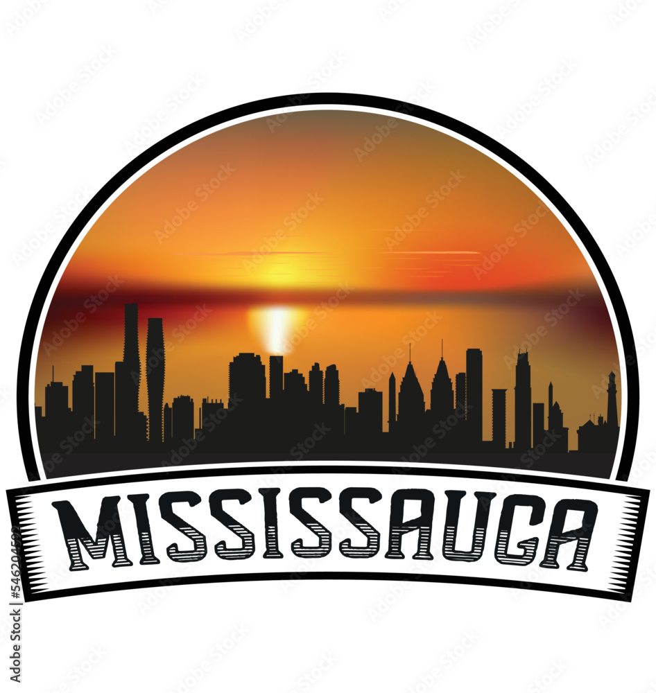 Mississauga Canada Skyline Sunset Travel Souvenir Sticker Logo Badge Stamp Emblem Coat of Arms Vector Illustration EPS