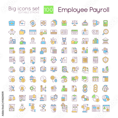 Employee payroll RGB color icons set. Wage payment regulation. Accounting service. Isolated vector illustrations. Simple filled line drawings collection. Editable stroke. Quicksand-Light font used