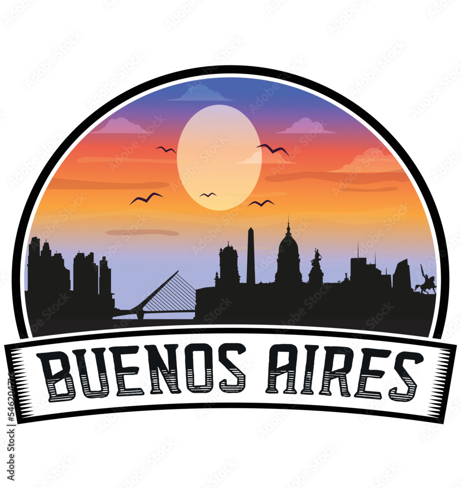 Buenos Aires Argentina Skyline Sunset Travel Souvenir Sticker Logo Badge Stamp Emblem Coat of Arms Vector Illustration EPS