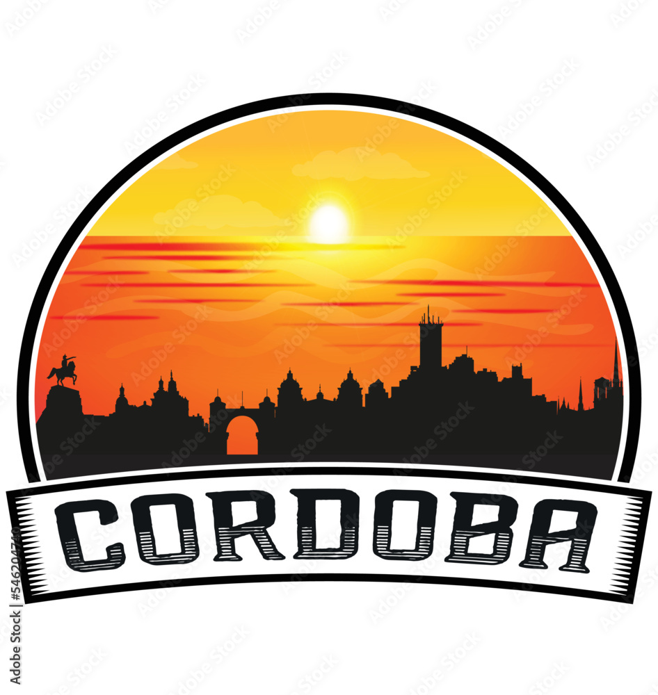 Cordoba Argentina Skyline Sunset Travel Souvenir Sticker Logo Badge Stamp Emblem Coat of Arms Vector Illustration EPS