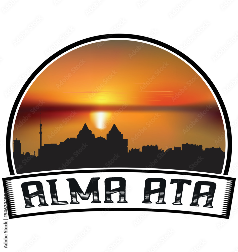 Alma Ata Kazakhstan Skyline Sunset Travel Souvenir Sticker Logo Badge Stamp Emblem Coat of Arms Vector Illustration EPS