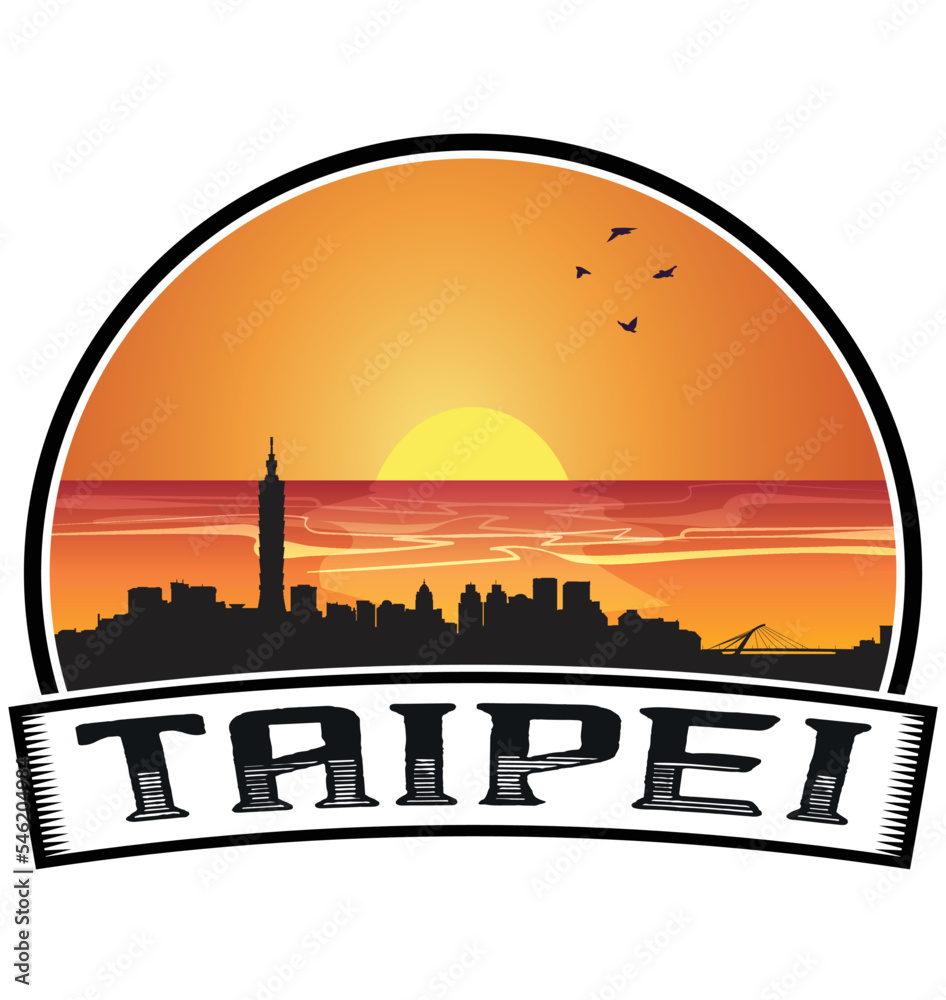 Taipei Taiwan Skyline Sunset Travel Souvenir Sticker Logo Badge Stamp Emblem Coat of Arms Vector Illustration EPS