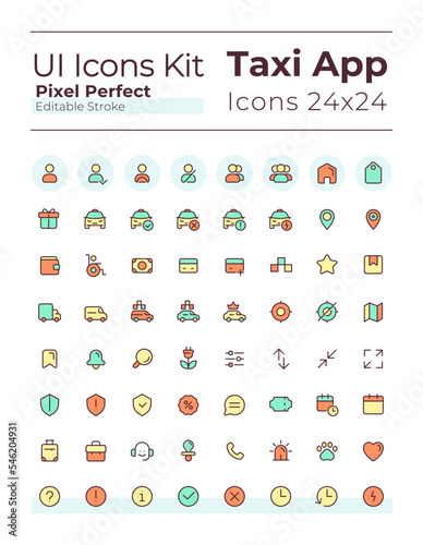 Taxi service pixel perfect RGB color ui icons set. Digital technology for business. GUI, UX design for mobile app. Vector isolated pictograms. Editable stroke. Montserrat Bold, Light fonts used