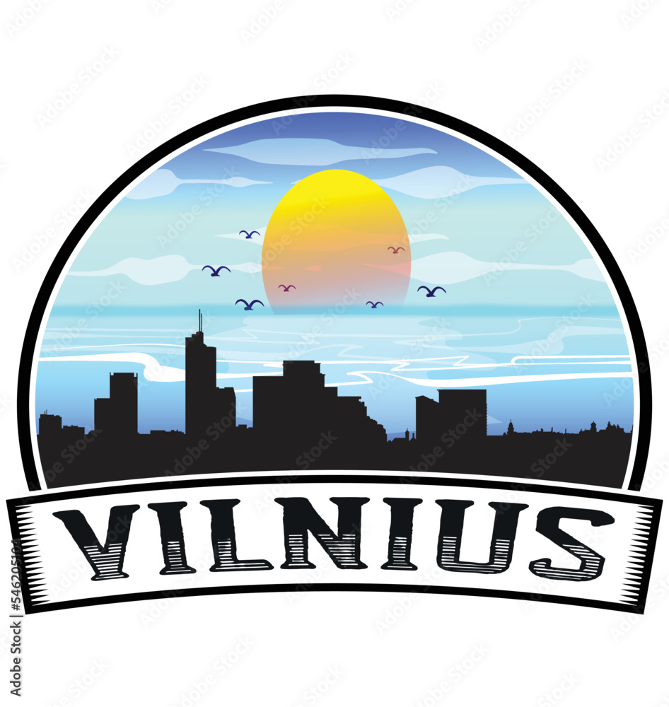 Vilnius Lithuania Skyline Sunset Travel Souvenir Sticker Logo Badge Stamp Emblem Coat of Arms Vector Illustration EPS