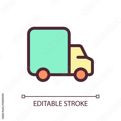 Lorry pixel perfect RGB color ui icon. Shipping and transportation service. Simple filled line element. GUI, UX design for mobile app. Vector isolated pictogram. Editable stroke. Arial font used
