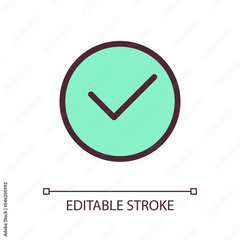Tick in circle pixel perfect RGB color ui icon. Approval checkmark symbol. Simple filled line element. GUI, UX design for mobile app. Vector isolated pictogram. Editable stroke. Arial font used Tick in circle pixel perfect RGB color ui icon. Approval checkmark symbol. Simple filled line element. GUI, UX design for mobile app. Vector isolated pictogram. Editable stroke. Arial font used