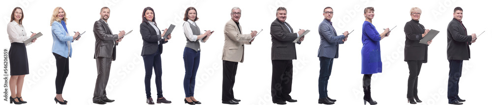 group of successful people with notepad in hands isolated group of successful people with notepad in hands isolated