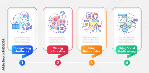 Client attraction mistakes to avoid rectangle infographic template. Data visualization with 4 steps. Editable timeline info chart. Workflow layout with line icons. Myriad Pro-Bold, Regular fonts used