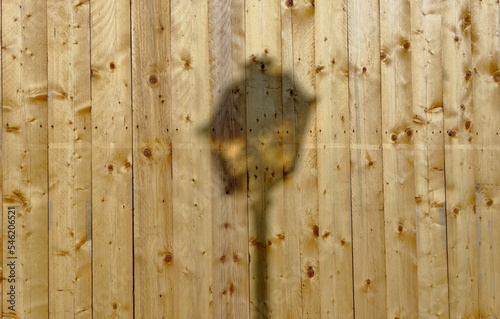 L'ombre du réverbère sur la palissade en bois clair.