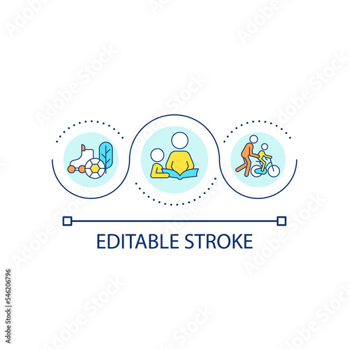 Engage kids offline loop concept icon. Information consumption. Stop doomscrolling tip for parents abstract idea thin line illustration. Isolated outline drawing. Editable stroke. Arial font used