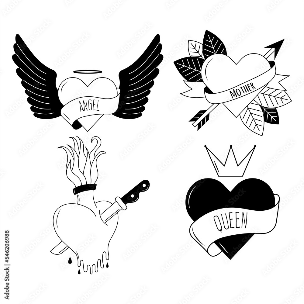 Flaming hearts tattoo in y2k, 1990s, 2000s style. Emo goth element design.  Old school tattoo. Vector illustration vector de Stock