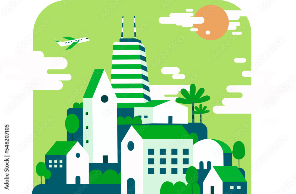 Green city buildings eco landscape.Vector illustration.Flat cute hometown with nature view.