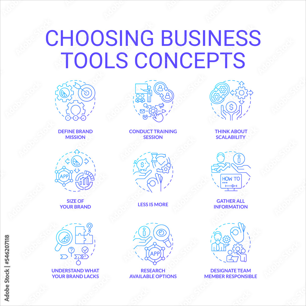 Choosing business tools blue gradient concept icons set. Provide new technologies. Development idea thin line color illustrations. Isolated symbols. Roboto-Medium, Myriad Pro-Bold font used Choosing business tools blue gradient concept icons set. Provide new technologies. Development idea thin line color illustrations. Isolated symbols. Roboto-Medium, Myriad Pro-Bold font used