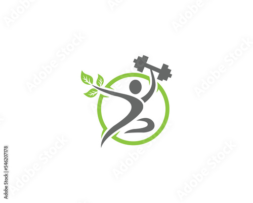 Natural fitness healthy people logo design. Green fitness logo with barbell and man vector icon.