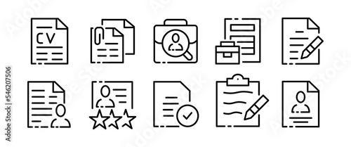 Summary set icon. Work, profession, portfolio, reviews, recommendations, file, job search, salary Vacancy concept. Glassmorphism style. Vector black set icon on a white background for Business