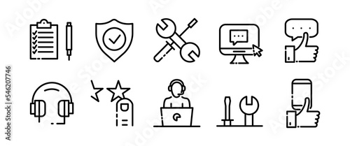 Office worker set icon. PC work, support service, chat, correspondence, rating, star, hotline, operator, website, online consulting. Feedback concept. Vector black set icon on a white background