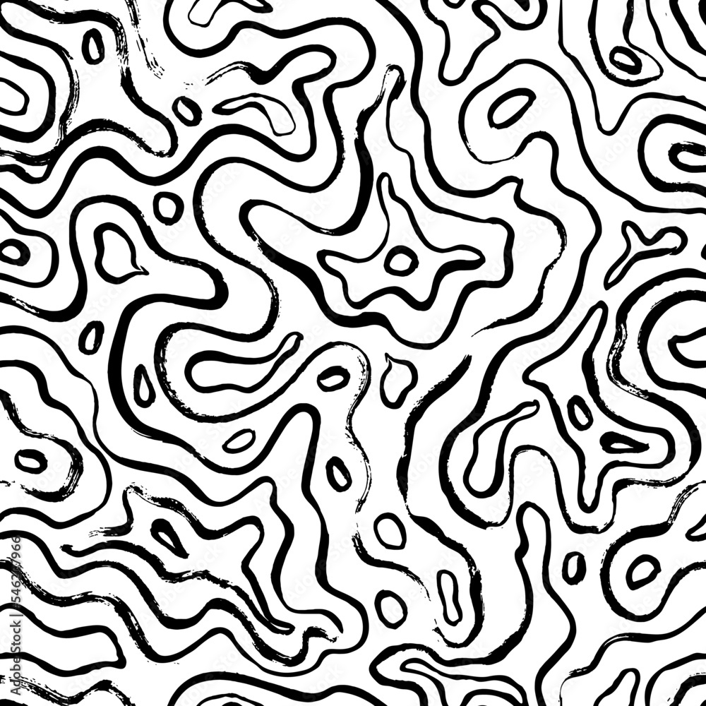 Topographic map seamless pattern. Brush drawn wavy ornament with scuffs. Topographic topo contour map background in sketch style. Abstract organic texture. Trendy vector illustration in organic style.
