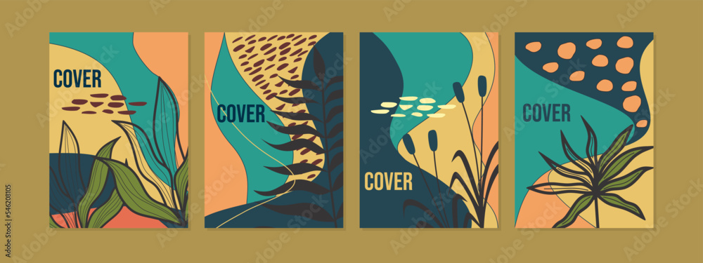 abstract botanical cover design set of 4 pages in A4 layout size.hand drawn cartoon background.For notebooks, planners, brochures, books, catalogs.