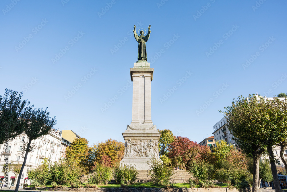 Bronze monument to St Francis of Assisi in Risorgimento Square, built in early 20th century, Milan, Lombardy region, Italy