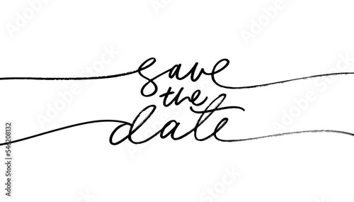 Save the date line calligraphy with swashes. Wedding typography phrase drawn with brush pen, marker or pen. Hand written custom calligraphy isolated on white background. Vector black lettering.