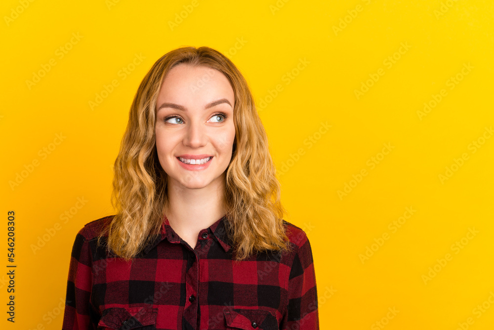 Portrait of positive young lady look empty space think smart solution wear casual style isolated shine color background Portrait of positive young lady look empty space think smart solution wear casual style isolated shine color background