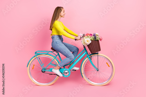 Fototapeta Naklejka Na Ścianę i Meble -  Full length photo of shiny charming school girl dressed yellow crop top riding bicycle isolated pink color background