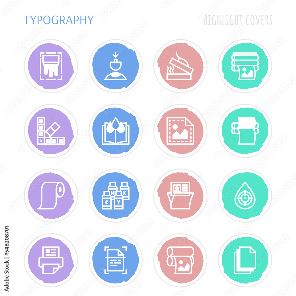 Typography, polygraphy thin line icons set. Printing, scanning, flexography, offset, roll paper, color palette, lamination, embossing. Highlights for stories. Vector illustration.