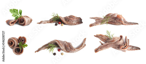 Set with delicious anchovy fillets on white background. Banner design