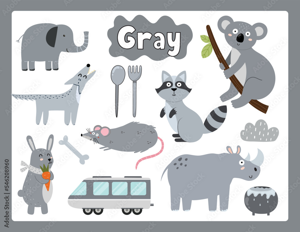 Obraz premium Set of gray color objects. Primary colors flashcard with gray elements. Learning colors for kids. Vector illustration