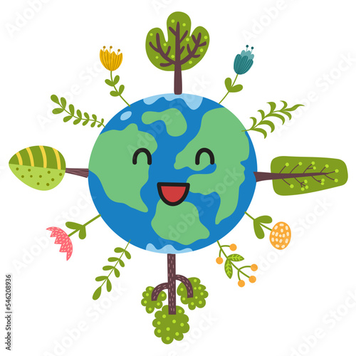 Happy Earth planet with trees and plants print. Cute Earth character. Pollution and save the planet problem concept. Vector illustration