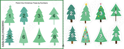 Match the Christmas trees by number and shadow activity page for kids. Winter cut and glue worksheet. Educational game for children. Sensory activity puzzle. Vector illustration