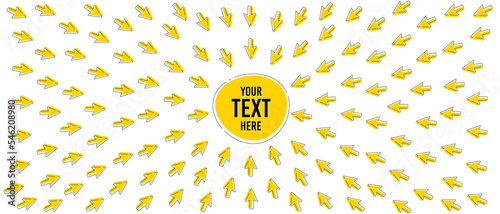 Focus arrows pointing to the center. Dynamic yellow arrow symbols. Focus on goal target. Influence center point. Click here business background. Business promotion frame. Vector