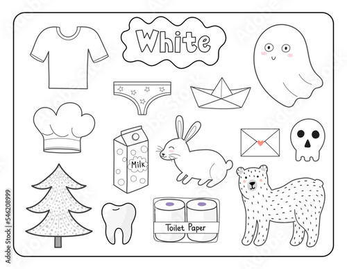 Set of white color objects. Primary colors flashcard with white elements. Learning colors for kids. Vector illustration