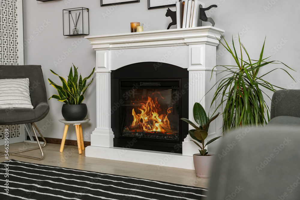 Stylish living room interior with fireplace, houseplants and grey armchair Stylish living room interior with fireplace, houseplants and grey armchair