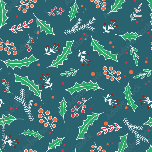 Christmas winter seamless pattern. Festive traditional background with Christmas elements. Continuous pouring holly berries and foliage. Print for textile, paper, packaging and design vector