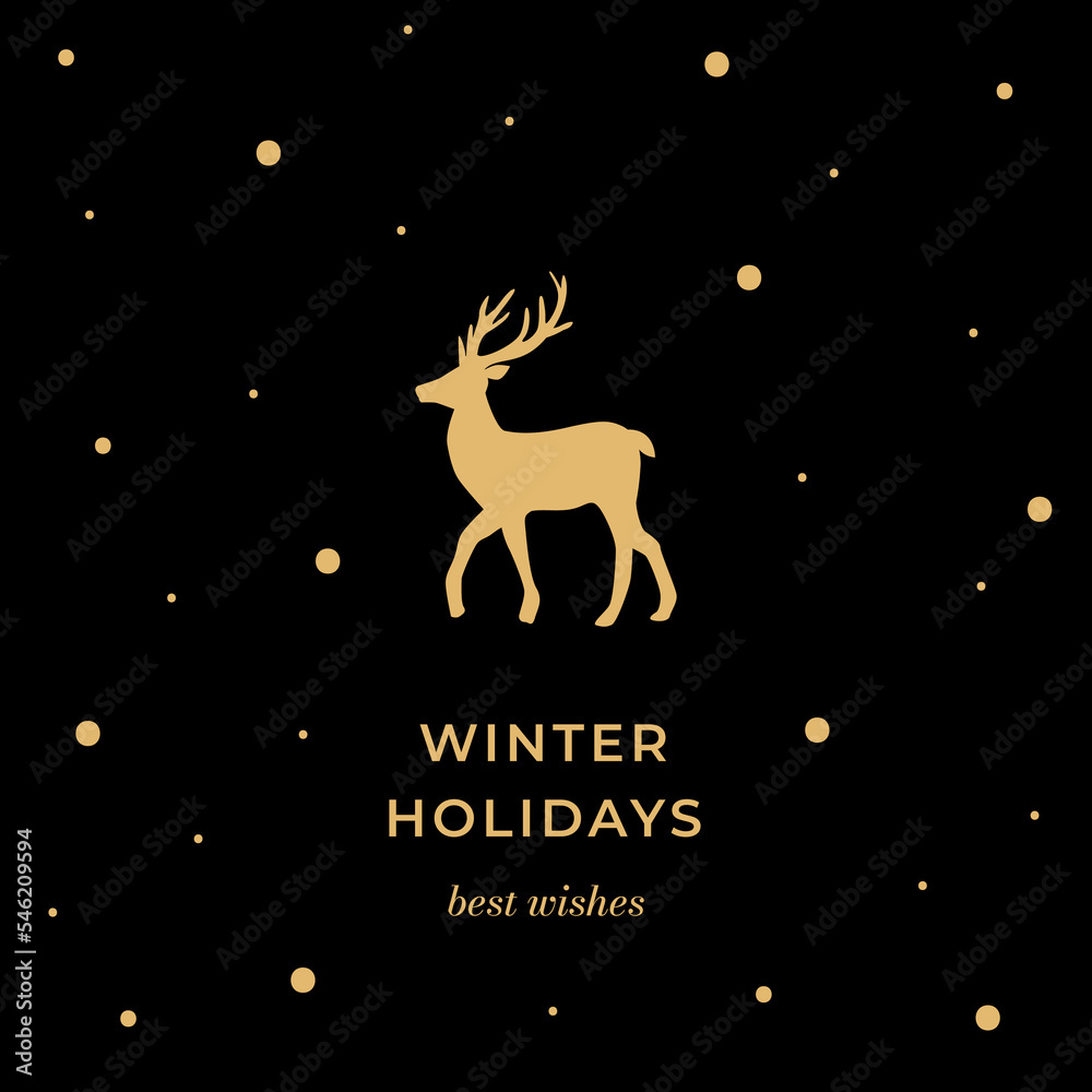 Vector square Christmas and New Year greeting card with deer in gold and black colors