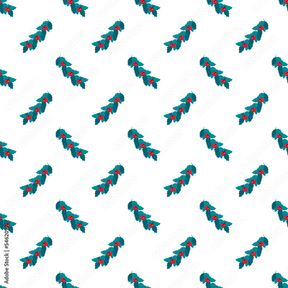 Christmas seamless pattern with blue leaves and red holly berries for postcards and designs. Festive decoration print for New Year and winter holidays. Vector flat illustration Christmas seamless pattern with blue leaves and red holly berries for postcards and designs. Festive decoration print for New Year and winter holidays. Vector flat illustration