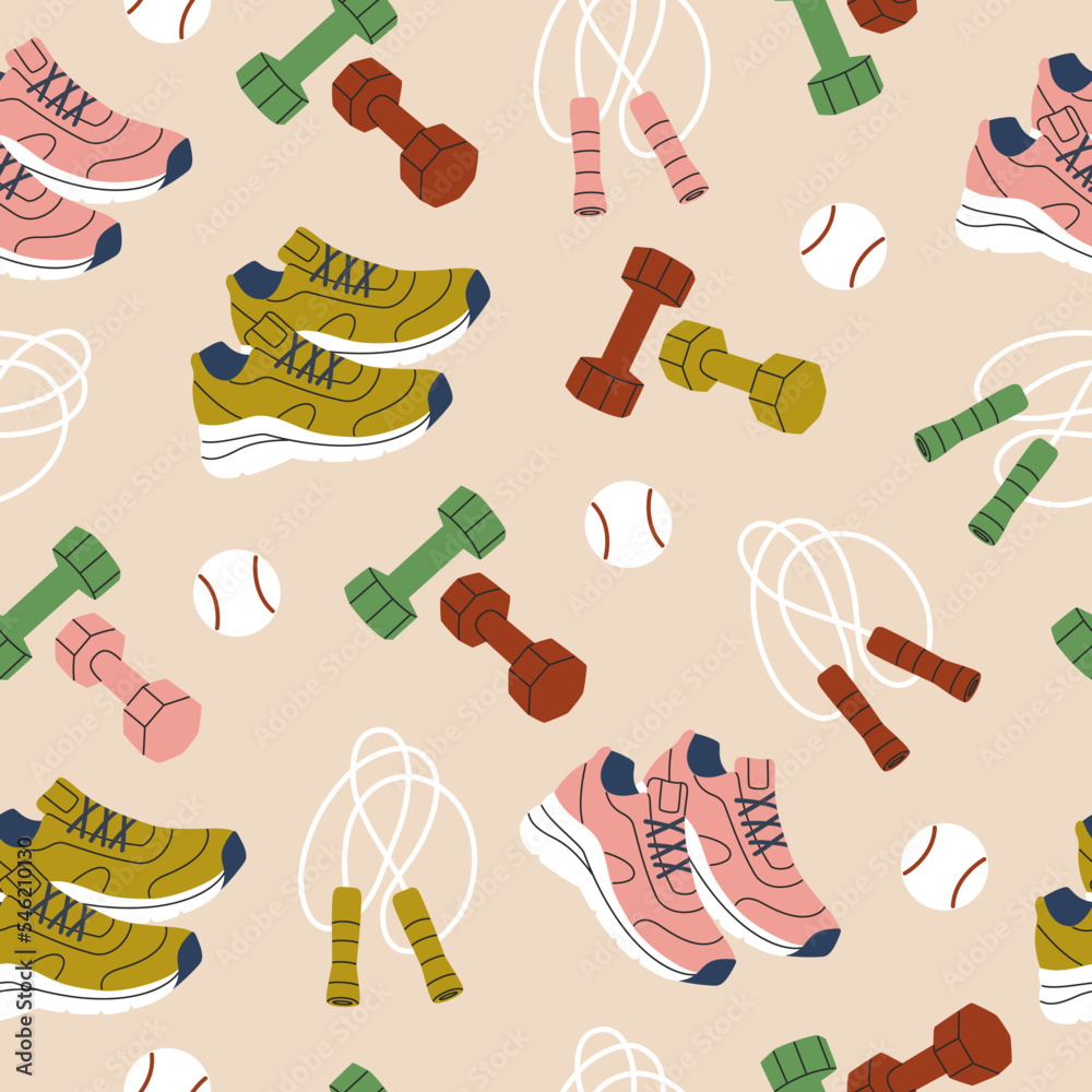 Seamless pattern of different sport equipment. Fitness inventory and accessories. Sneakers, dumbbells, jumping-rope, tennis ball. Hand drawn vector illustration isolated on background. Flat style